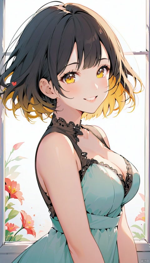 (A surprisingly captivating abstract illustration: 1.4), ((from side: 1.5)), close-up, ((double exposure: 1.8)), white background" , 1 girl, focus on girl, mid-chest, cleavage, smiling, happy, 1 girl with open mouth, solo, looking at viewer, smile, short hair, bangs, black hair, dress, flowers, outdoors, window ,Factory,From Outside,(Grunge Style: 1.5) ),(Frutiger Style: 1.4),(Colorful Minimalism: 1.4),(2004 Aesthetics: 1.3),(Beautiful Vector Shape: 1.4),BREAK Swirl,x \(symbol\), arrow \(symbol\), heart \(symbol\), (gradient background), sharp details, supersaturated. BREAK Top quality, detailed, intricate, original artwork, trendy, mixed media, vector art, vintage, award-winning, artint, SFW,