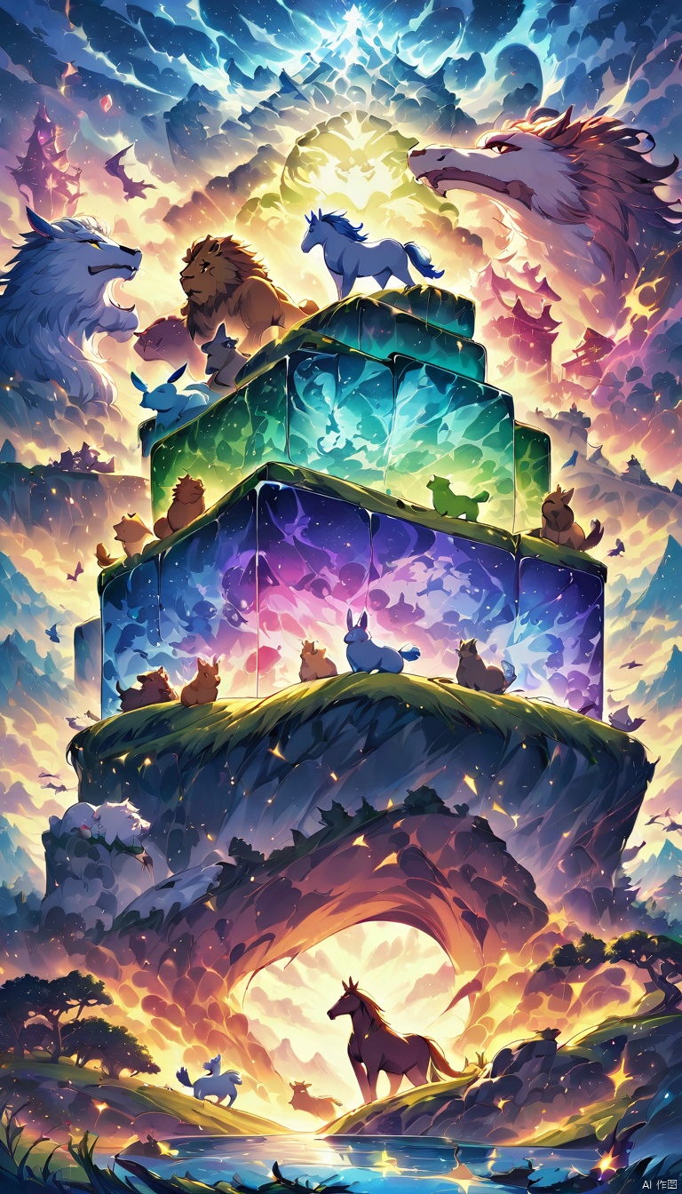 colorful translucent mable cube stack,carved with animals, lion,horse, rabbit,bird,squalo, glowing,Fantasy illustration style, transports viewers to imaginative worlds, epic landscape, and heroic adventures, sparks wonder and inspiration