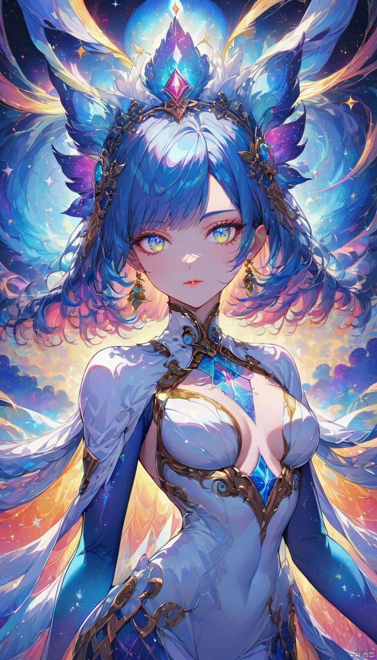 (in Kuang Hong style:1.4), (masterpiece:1.2), (A female shapeshifter inspired by Mystique, her true form is a shimmering constellation of stars and nebulae only momentarily glimpsed as she shifts between her various disguises, Attire consists of a constantly morphing silhouette that reflects her current form, rendered in a kaleidoscopic style with vibrant colors and cosmic textures, wearing unique Avant-garde masterpiece attire and headdress:1.1), (illuminated by the ethereal glow of her own celestial energy, set against the backdrop of a shifting dreamscape that mirrors her transformations:1.1), (hyperdetailed:1.1), (intricate details:1.0), (Refined details:1.1), (best quality:1.1), (very stylish detailed modern haircut, mesmerizing detailed radiant face, mesmerizing detailed beautiful eyes:1.2)