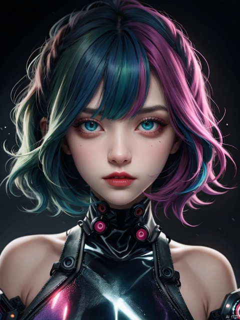 1girl, solo, lucy \(cyberpunk\), cyberpunk \(series\), asymmetrical hair, short hair, short hair, blue hair, green hair, pink hair, multicolored hair, blue eyes, eyeliner, eye shadow, makeup, bare shoulders, portrait, looking at the viewer, cyberpunk, ((Vampire)), futurism, hologram, glitch, holographic face, ui, interface, nodes, particles, depth of field, bokeh, masterpiece, best quality, very aesthetically pleasing, absurd, ,