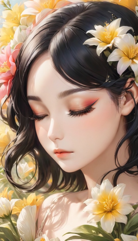 1girl, solo,black hair,closed mouth,closed eyes,flower,eyelashes, makeup,