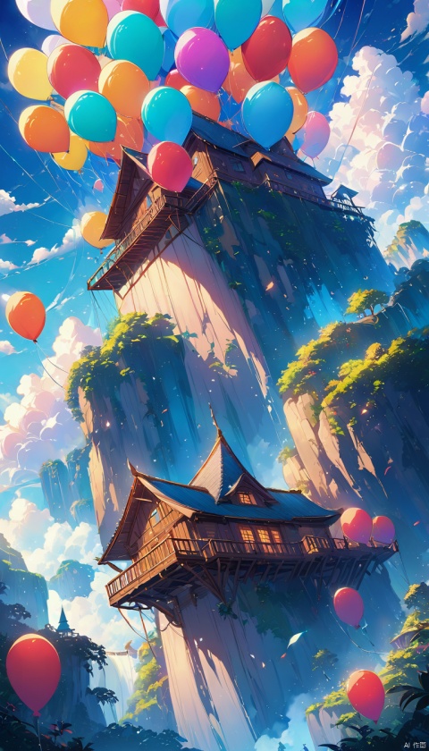 (a cinematic stylized painting of a house in the sky being lifted by a ton of balloons on strings:1.2),Up animated movie scene,close_shot, (Pixar concept art:1.3), (very dramatic lighting, volumetric lighting:1.2), taken on hasselblad medium format camera,, (very dramatic lighting, volumetric lighting:1.2),(clear blue sky:1.2), soaring above tropical paradise landscape, (adventure feel:1.1), waterfalls and cliffs below, (sense of wonder:1.2), fluffy clouds floating by, (bright color palette:1.3), (8k resolution:1.0),Frosty anime style, ,