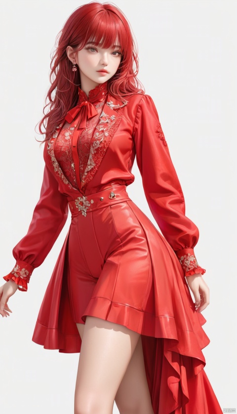  a girl wearing red fashion outfit, white background, highly detailed, ultra-high resolutions, 32K UHD, best quality, masterpiece, 