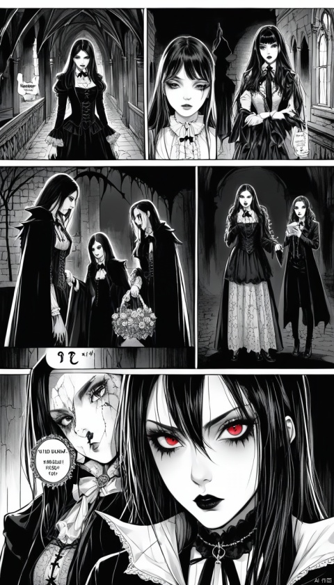 1girl, m4ng4, gothic, vampire, horror, monochrome, comic,
