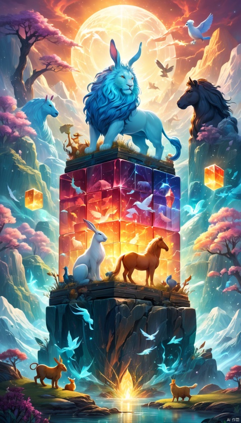 colorful translucent mable cube stack,carved with animals, lion,horse, rabbit,bird,squalo, glowing,Fantasy illustration style, transports viewers to imaginative worlds, epic landscape, and heroic adventures, sparks wonder and inspiration