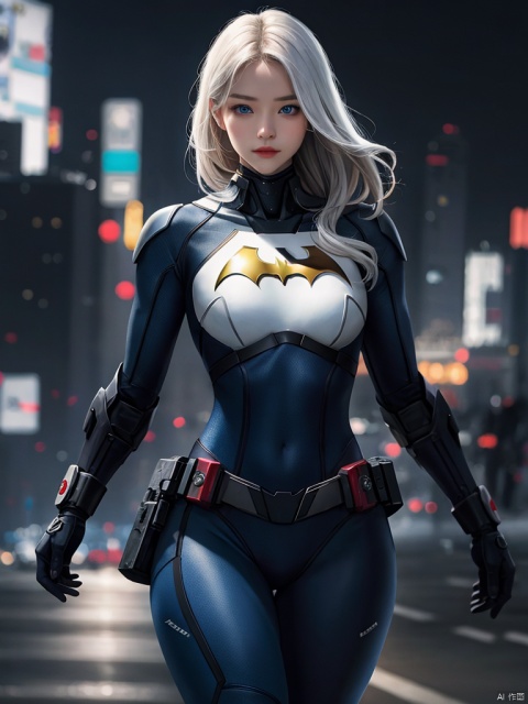 Best picture quality, high resolution, 8k, realistic, sharp focus, realistic image of elegant lady, Korean beauty, supermodel, pure white hair, blue eyes, wearing high-tech cyberpunk style blue Batgirl suit, radiant Glow, sparkling suit, mecha, perfectly customized high-tech suit, ice theme, custom design, 1 girl,swordup, looking at viewer,JeeSoo