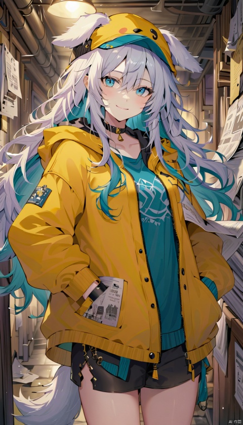 long hair, big hair, hair flowing over, messy hair, blue eyes, choker, closed mouth, collar, dog tail, hand in pocket, hat, hat with ears, hood, hoodie, jacket, yellow jacket, long hair, long sleeves, looking at viewer, nail polish, open clothes, open jacket, newspaper wall background, smile, solo, (\MBTI\), (\ji jian\), babata, jiqing, (/qingning/), cloud