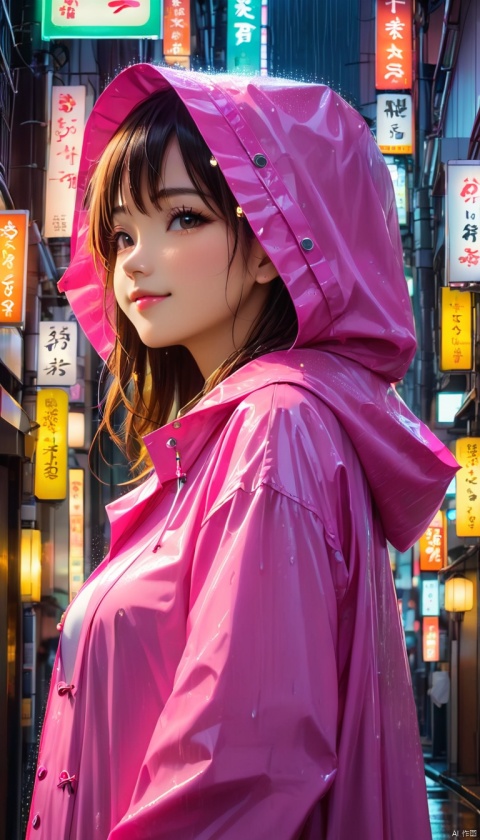 sexy asian girl , cute smile , hooded raincoat ,  aesthetic , side portrait , half body portrait , tokyo street , street lights , neon lights , raining , light signs