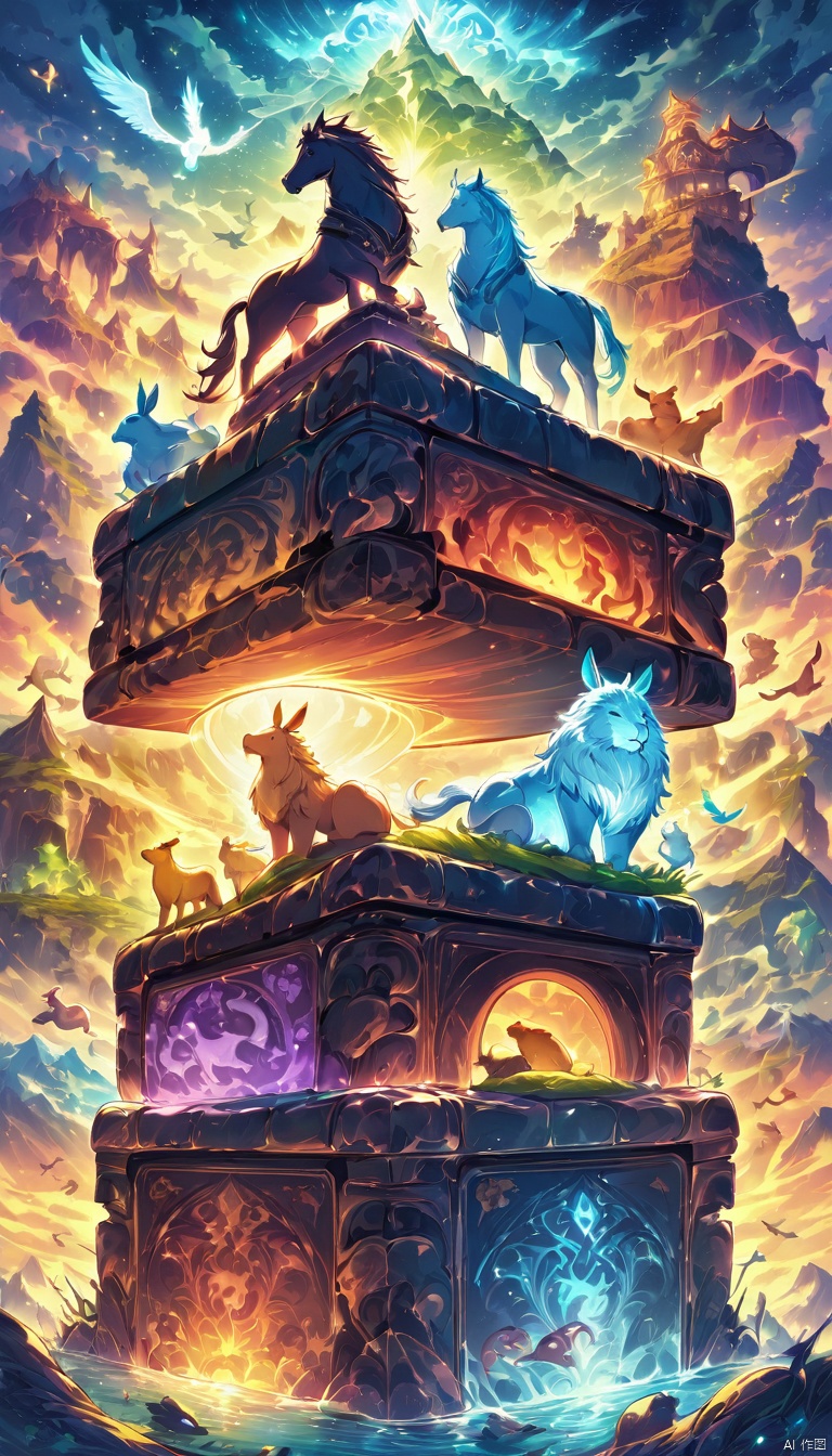 colorful translucent mable cube stack,carved with animals, lion,horse, rabbit,bird,squalo, glowing,Fantasy illustration style, transports viewers to imaginative worlds, epic landscape, and heroic adventures, sparks wonder and inspiration