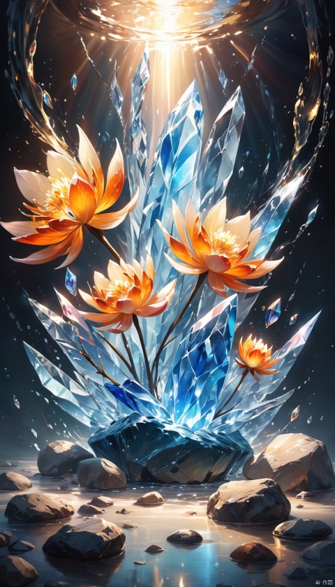 ((((art representation of a harmonious nature elements, light, ice, stone, fire, crystal flowers, water, wind,  glass, dynamic angle, ))))
Background: a space with clean lines and neutral colors to contrast with the explosion of vibrant colors,
Color: Monochrome at the beginning with a gradual transition to vibrant, colorful tones,
Lighting: Soft, ambient lighting to enhance the serene atmosphere and highlight the colors, 
(((Stunning Quality, Masterpiece, Best Quality, Hyper Detail, Ultra Detail, Hyper Realism Majestic, Intimidating, Inspiring. cinematic composition, soft shadows, )))
((Stunning Quality, Masterpiece, Best Quality, Hyper Detail, Ultra Detail, Hyper Realism Majestic, Intimidating, Inspiring. cinematic composition, soft lights))