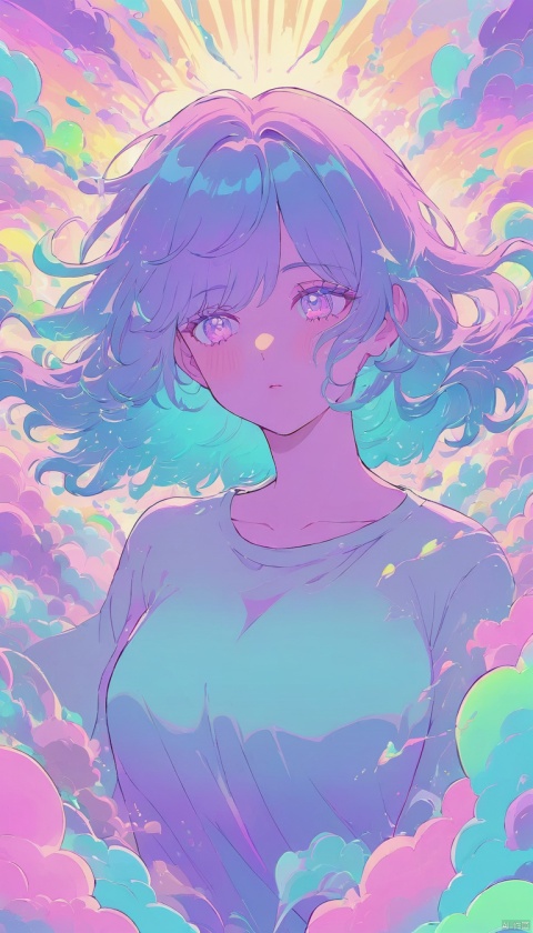 soft pastel colors, cartoon style illustration of a woman as she sees the world while experiencing hallucinations, stoned, splash art, splashed pastel colors, (soft iridiscent glowy smoke) motion effects, best quality, wallpaper art, UHD, centered image, MSchiffer art, ((flat colors)), (cel-shading style) very vibrant neon colors, ((low saturation)) ink lines, iridiscent, 