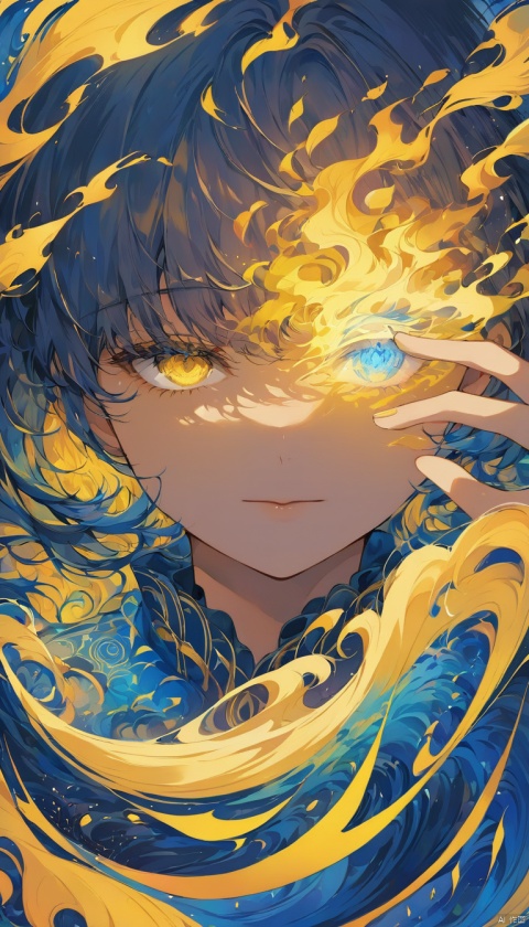 CG illustration,blues,digital artwork of a person's face,predominantly in shades of blue and yellow. the person's face is partially obscured by their hand,which is placed over their eyes. the background features abstract swirling patterns in yellow and blue,reminiscent of flames or energy. there are also faint outlines of buildings or structures in the background,with the vibrant colors and dynamic patterns creating a sense of movement and emotion.,