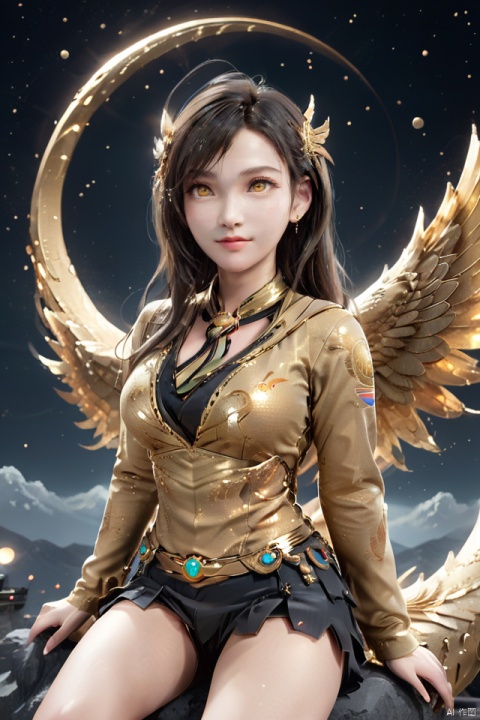  masterpiece,best quality,1girl,dragon girl, 
particles,no humans, simple background, solo, animal, shining eyes,flying,eastern_dragon girl, particles,golden theme, from above/from view,sitting on moon