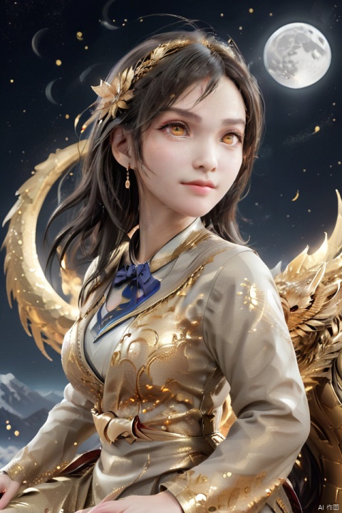  masterpiece,best quality,1girl,dragon girl, 
particles,no humans, simple background, solo, animal, shining eyes,flying,eastern_dragon girl, particles,golden theme, from above/from view,sitting on moon