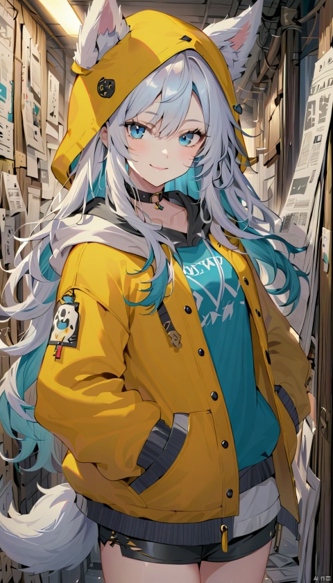 long hair, big hair, hair flowing over, messy hair, blue eyes, choker, closed mouth, collar, dog tail, hand in pocket, hat, hat with ears, hood, hoodie, jacket, yellow jacket, long hair, long sleeves, looking at viewer, nail polish, open clothes, open jacket, newspaper wall background, smile, solo, (\MBTI\), (\ji jian\), babata, jiqing, (/qingning/), cloud