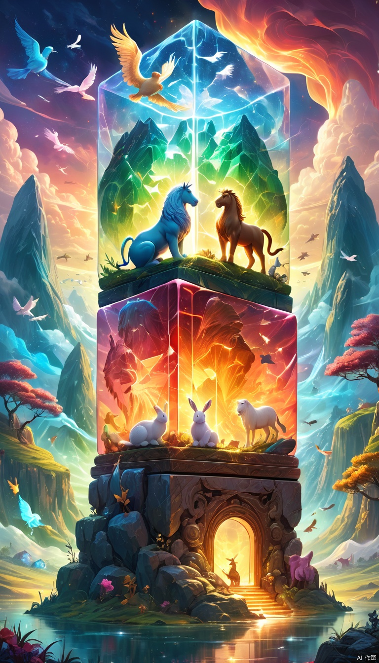 colorful translucent mable cube stack,carved with animals, lion,horse, rabbit,bird,squalo, glowing,Fantasy illustration style, transports viewers to imaginative worlds, epic landscape, and heroic adventures, sparks wonder and inspiration