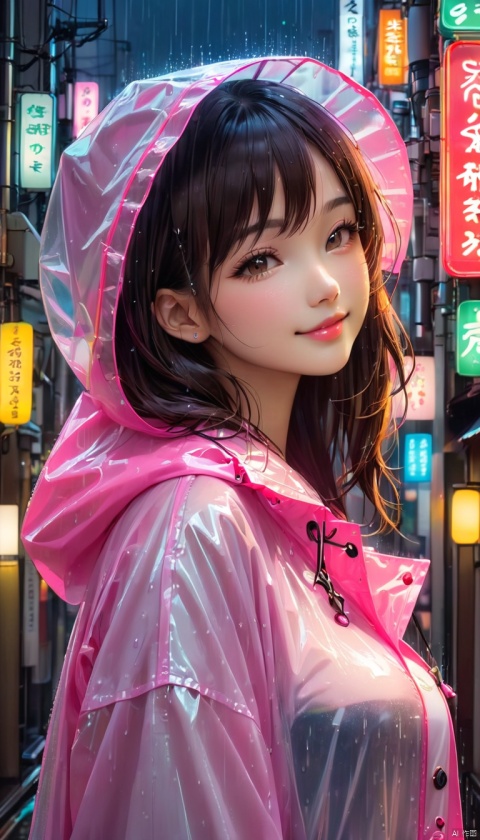 sexy asian girl , cute smile , hooded raincoat ,  aesthetic , side portrait , half body portrait , tokyo street , street lights , neon lights , raining , light signs