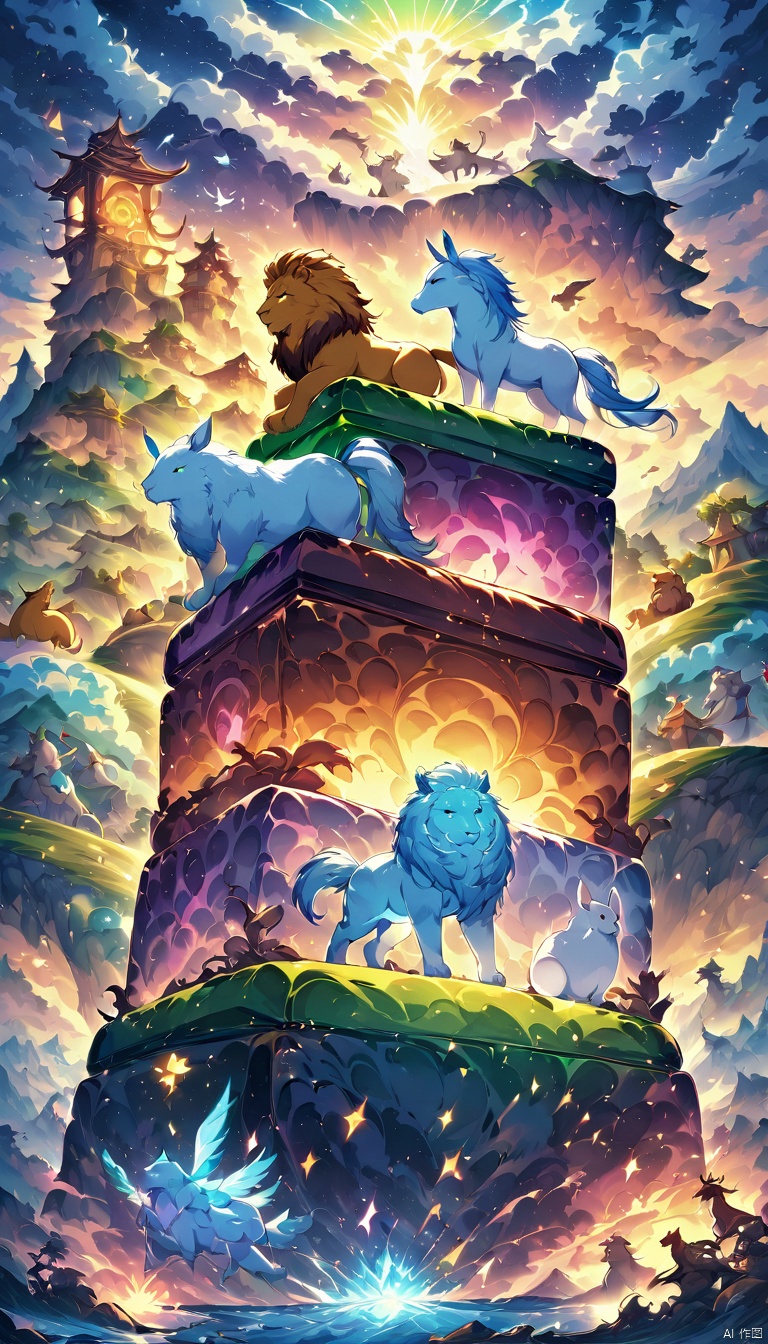 colorful translucent mable cube stack,carved with animals, lion,horse, rabbit,bird,squalo, glowing,Fantasy illustration style, transports viewers to imaginative worlds, epic landscape, and heroic adventures, sparks wonder and inspiration