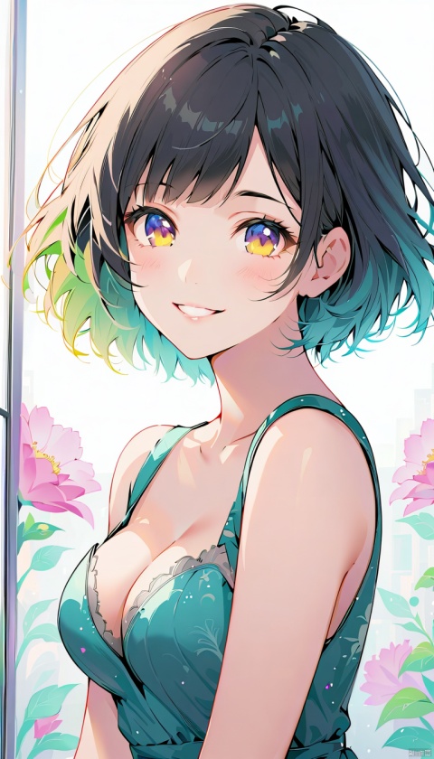 (A surprisingly captivating abstract illustration: 1.4), ((from side: 1.5)), close-up, ((double exposure: 1.8)), white background" , 1 girl, focus on girl, mid-chest, cleavage, smiling, happy, 1 girl with open mouth, solo, looking at viewer, smile, short hair, bangs, black hair, dress, flowers, outdoors, window ,Factory,From Outside,(Grunge Style: 1.5) ),(Frutiger Style: 1.4),(Colorful Minimalism: 1.4),(2004 Aesthetics: 1.3),(Beautiful Vector Shape: 1.4),BREAK Swirl,x \(symbol\), arrow \(symbol\), heart \(symbol\), (gradient background), sharp details, supersaturated. BREAK Top quality, detailed, intricate, original artwork, trendy, mixed media, vector art, vintage, award-winning, artint, SFW,