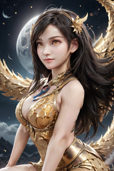  masterpiece,best quality,1girl,dragon girl, 
particles,no humans, simple background, solo, animal, shining eyes,flying,eastern_dragon girl, particles,golden theme, from above/from view,sitting on moon,no bra,realistic,眉心标记