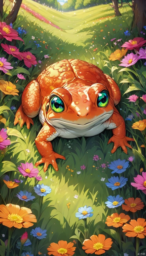 Full body illustration of ultra realistic very detailed cute orange red toad with big green very detailed dreamy cosmic eyes hiding in a very realistic very detailed colorful field of flowers in a realistic very detailed meadow, realistic very detailed grass, realistic very detailed trees, highest contrast, masterpiece, 32k, high contrast, vibrant colors, vivid colors, high resolution textures, crisp colors, ultra sharp, sharp focus,