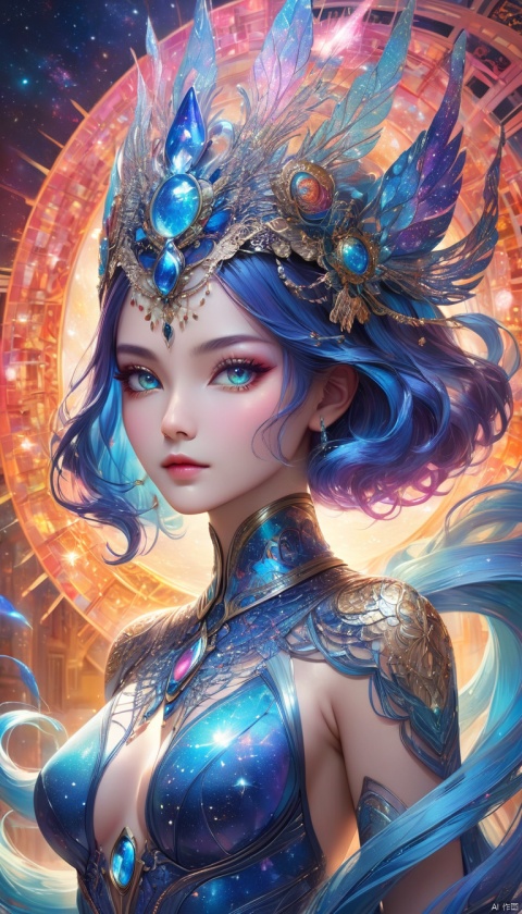 (in Kuang Hong style:1.4), (masterpiece:1.2), (A female shapeshifter inspired by Mystique, her true form is a shimmering constellation of stars and nebulae only momentarily glimpsed as she shifts between her various disguises, Attire consists of a constantly morphing silhouette that reflects her current form, rendered in a kaleidoscopic style with vibrant colors and cosmic textures, wearing unique Avant-garde masterpiece attire and headdress:1.1), (illuminated by the ethereal glow of her own celestial energy, set against the backdrop of a shifting dreamscape that mirrors her transformations:1.1), (hyperdetailed:1.1), (intricate details:1.0), (Refined details:1.1), (best quality:1.1), (very stylish detailed modern haircut, mesmerizing detailed radiant face, mesmerizing detailed beautiful eyes:1.2)