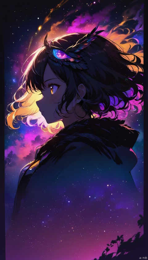 girl, realistic,  glowing frame, backlight colors, silhouette colors, cosmic frame, powerful owl, profile in a frame, silhouette, backlighting, vibrant,magical night sky, illustration, soft, beautiful, dreamy, realistic, professional, simple, twinkling night sky, extremely detailed, hyper detailed, illustration, half finished sketch, half colored sketch, anime, masterpiece, bright colors, high contrast, vivid lighting, dark background, simple background, mad-spiral-galaxy,