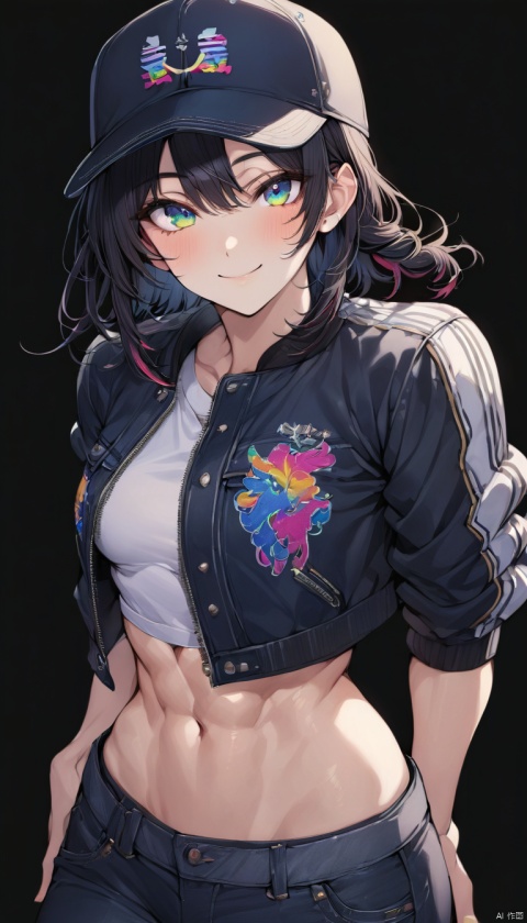 4k,best quality,masterpiece,20yo 1girl,(cropped jacket),(demin pant), alluring smile,baseball cap, (Beautiful and detailed eyes), Detailed face, detailed eyes, double eyelids ,thin face, real hands, muscular fit body, semi visible abs, ((short hair with long locks:1.2)), black hair, black background, real person, color splash style photo,