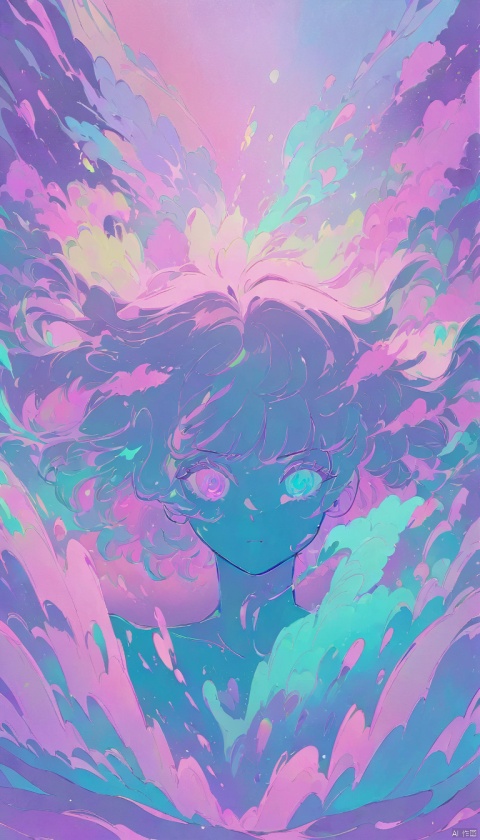 soft pastel colors, cartoon style illustration of a woman as she sees the world while experiencing hallucinations, stoned, splash art, splashed pastel colors, (soft iridiscent glowy smoke) motion effects, best quality, wallpaper art, UHD, centered image, MSchiffer art, ((flat colors)), (cel-shading style) very vibrant neon colors, ((low saturation)) ink lines, iridiscent, 