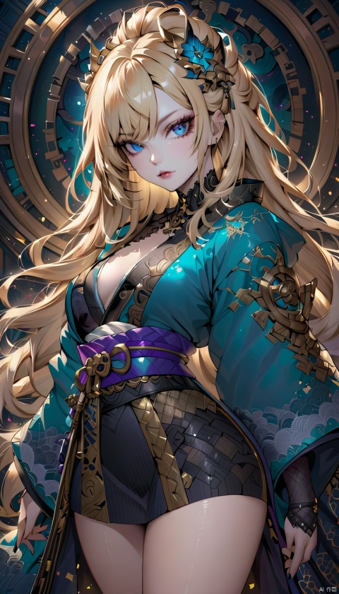 1 seductive, mature woman with blonde hair, and blue eyes, with detailed ornate kimono, miniskirt, fantasypunk background, Gothic make-up, rebellious.(masterpiece, top quality, best quality, official art, beautiful and aesthetic:1.2), (1girl:1.4), portrait, extreme detailed, (fractal art:1.12), (colorful:1.1), highest detailed, (aristocracy:1.1),