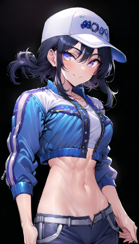 4k,best quality,masterpiece,20yo 1girl,(cropped jacket),(demin pant), alluring smile,baseball cap, (Beautiful and detailed eyes), Detailed face, detailed eyes, double eyelids ,thin face, real hands, muscular fit body, semi visible abs, ((short hair with long locks:1.2)), black hair, black background, real person, color splash style photo,