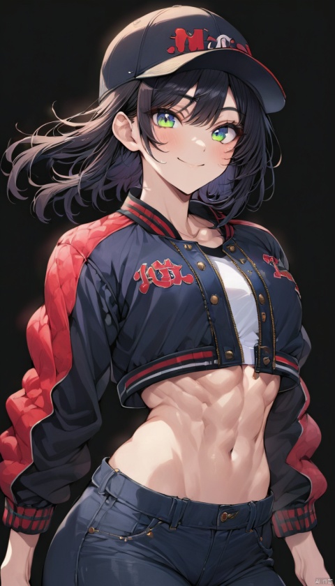 4k,best quality,masterpiece,20yo 1girl,(cropped jacket),(demin pant), alluring smile,baseball cap, (Beautiful and detailed eyes), Detailed face, detailed eyes, double eyelids ,thin face, real hands, muscular fit body, semi visible abs, ((short hair with long locks:1.2)), black hair, black background, real person, color splash style photo,