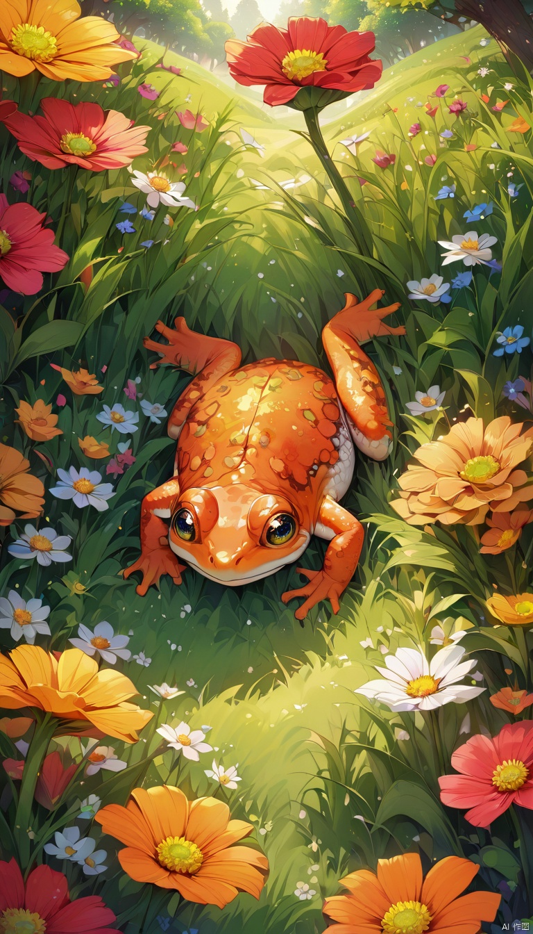 Full body illustration of ultra realistic very detailed cute orange red toad with big green very detailed dreamy cosmic eyes hiding in a very realistic very detailed colorful field of flowers in a realistic very detailed meadow, realistic very detailed grass, realistic very detailed trees, highest contrast, masterpiece, 32k, high contrast, vibrant colors, vivid colors, high resolution textures, crisp colors, ultra sharp, sharp focus,