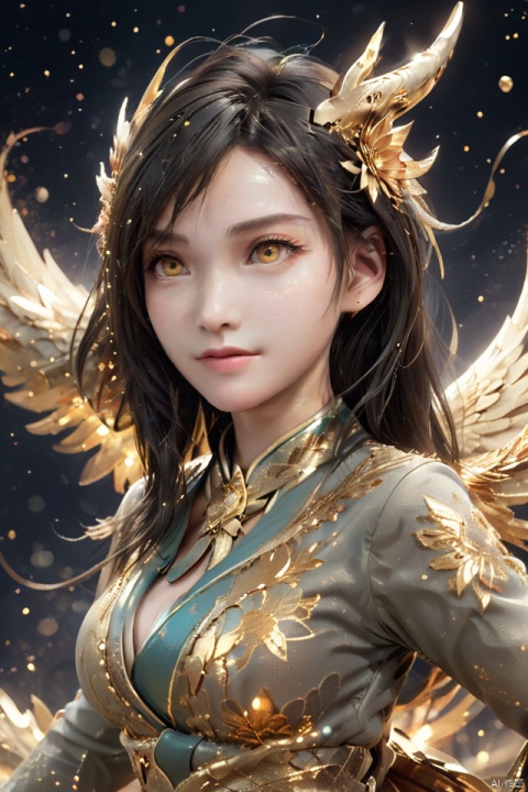  masterpiece,best quality,1girl,dragon girl, 
particles,no humans, simple background, solo, animal, shining eyes,flying,eastern_dragon girl, particles,golden theme, from above/from view