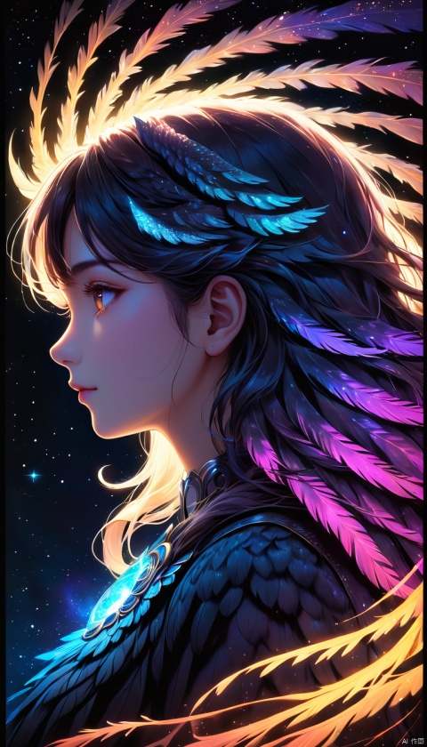 girl, realistic,  glowing frame, backlight colors, silhouette colors, cosmic frame, powerful owl, profile in a frame, silhouette, backlighting, vibrant,magical night sky, illustration, soft, beautiful, dreamy, realistic, professional, simple, twinkling night sky, extremely detailed, hyper detailed, illustration, half finished sketch, half colored sketch, anime, masterpiece, bright colors, high contrast, vivid lighting, dark background, simple background, mad-spiral-galaxy,