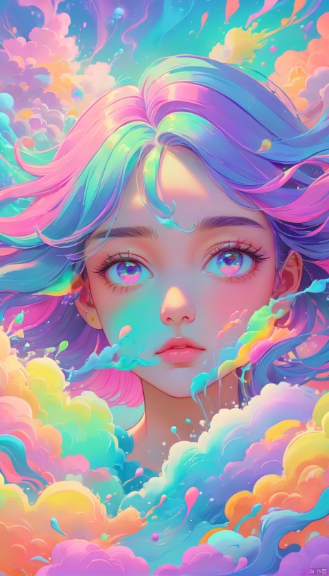 soft pastel colors, cartoon style illustration of a woman as she sees the world while experiencing hallucinations, stoned, splash art, splashed pastel colors, (soft iridiscent glowy smoke) motion effects, best quality, wallpaper art, UHD, centered image, MSchiffer art, ((flat colors)), (cel-shading style) very vibrant neon colors, ((low saturation)) ink lines, iridiscent, 