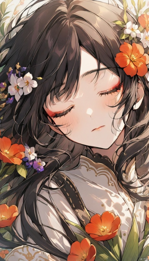 1girl, solo,black hair,closed mouth,closed eyes,flower,eyelashes, makeup,