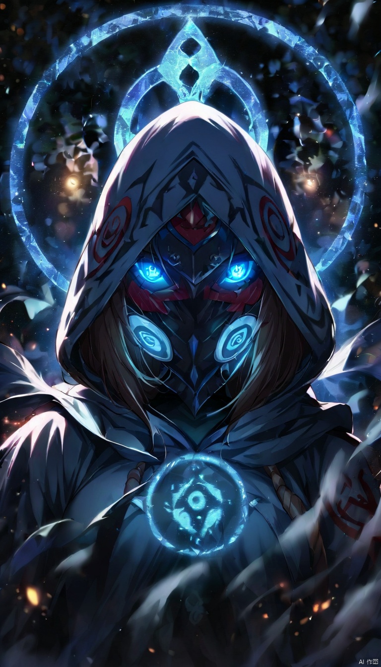 A ghostly female silhouette. Messenger of Nature God. Exiled shaman. integral mask.dark canvas toge. Canvas hood. Runic circle. Elements. Power from inside. Glowing eyes. Bokeh blur. photorealistic,ultraman
