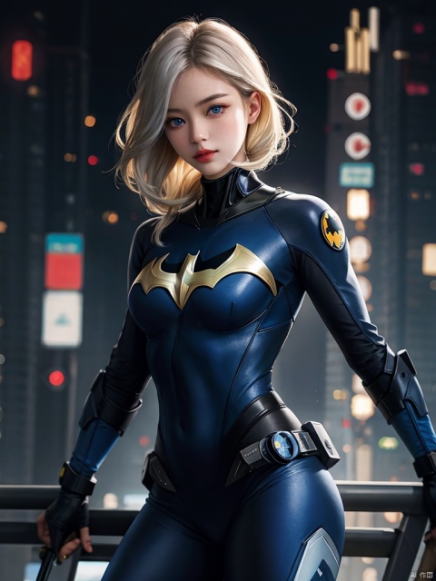 Best picture quality, high resolution, 8k, realistic, sharp focus, realistic image of elegant lady, Korean beauty, supermodel, pure white hair, blue eyes, wearing high-tech cyberpunk style blue Batgirl suit, radiant Glow, sparkling suit, mecha, perfectly customized high-tech suit, ice theme, custom design, 1 girl,swordup, looking at viewer,JeeSoo