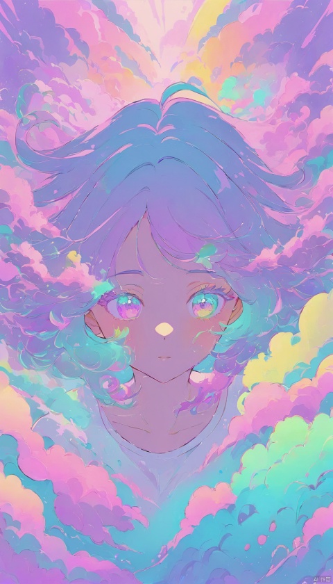 soft pastel colors, cartoon style illustration of a woman as she sees the world while experiencing hallucinations, stoned, splash art, splashed pastel colors, (soft iridiscent glowy smoke) motion effects, best quality, wallpaper art, UHD, centered image, MSchiffer art, ((flat colors)), (cel-shading style) very vibrant neon colors, ((low saturation)) ink lines, iridiscent, 