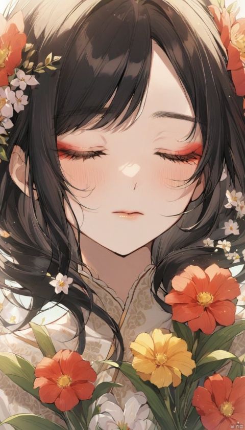 1girl, solo,black hair,closed mouth,closed eyes,flower,eyelashes, makeup,