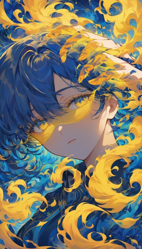 CG illustration,blues,digital artwork of a person's face,predominantly in shades of blue and yellow. the person's face is partially obscured by their hand,which is placed over their eyes. the background features abstract swirling patterns in yellow and blue,reminiscent of flames or energy. there are also faint outlines of buildings or structures in the background,with the vibrant colors and dynamic patterns creating a sense of movement and emotion.,