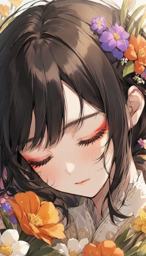 1girl, solo,black hair,closed mouth,closed eyes,flower,eyelashes, makeup,