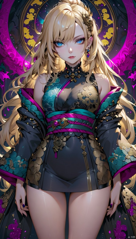 1 seductive, mature woman with blonde hair, and blue eyes, with detailed ornate kimono, miniskirt, fantasypunk background, Gothic make-up, rebellious.(masterpiece, top quality, best quality, official art, beautiful and aesthetic:1.2), (1girl:1.4), portrait, extreme detailed, (fractal art:1.12), (colorful:1.1), highest detailed, (aristocracy:1.1),