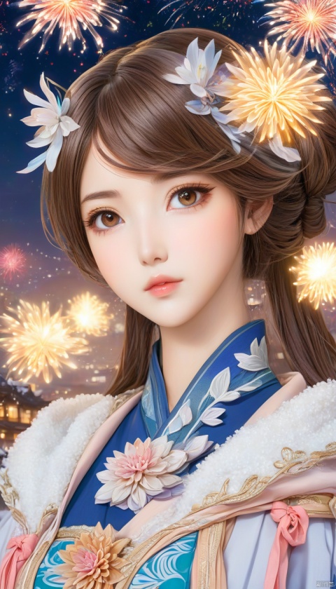 Anime ,hentai,(beautiful detailed face, beautiful detailed eyes),(((best quality,masterpiece))),(a beautiful girl,(flower pattern) hanfu),(anime style),(Snow cover,night_sky ,fireworks,Matsuri, nature view),more detail XL,EpicSky,cloud,brown hair,brown eyes