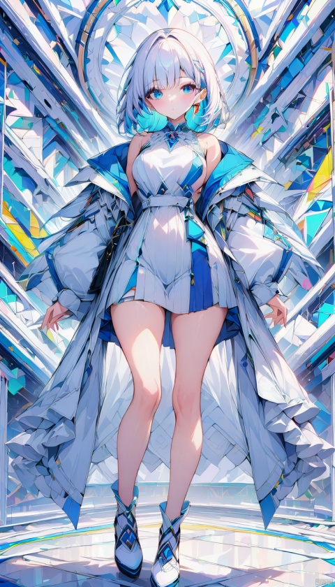 a girl white and blue fashion outfit, colorful geometry background, highly detailed, ultra-high resolutions, 32K UHD, best quality, masterpiece, 