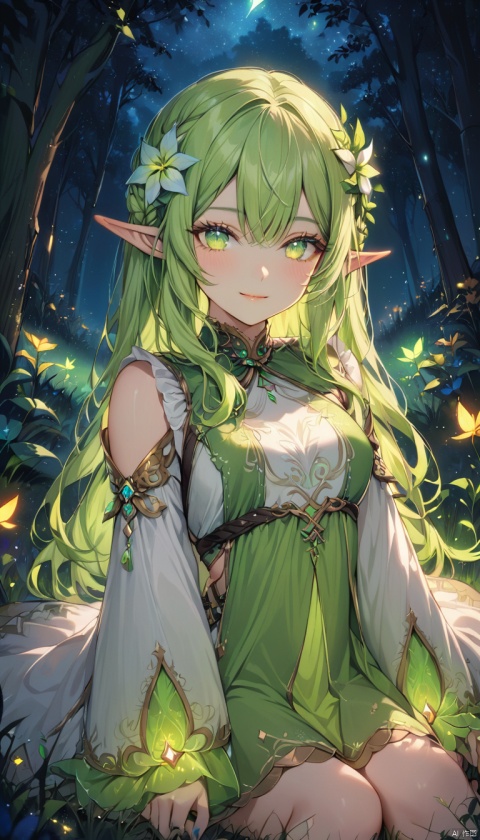 //quality, (masterpiece:1.4), (detailed), ((,best quality,))//,1girl,(elf:1.3),//,light_green_hair,hair_flowers,beautiful detailed eyes,glowing eyes,(green eyes:1.2),//,ethereal clothes,//,light smile,//, sitting on grassland,//, forest, flowers, (firefly:1.3) ,glow,(night:1.21),scenery