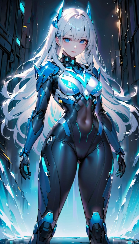 Best picture quality, high resolution, 8k, realistic, sharp focus, realistic image of elegant lady, Korean beauty, supermodel, pure white hair, blue eyes, wearing high-tech cyberpunk style blue Batgirl suit, radiant Glow, sparkling suit, mecha, perfectly customized high-tech suit, ice theme, custom design, 1 girl,swordup, looking at viewer,JeeSoo
