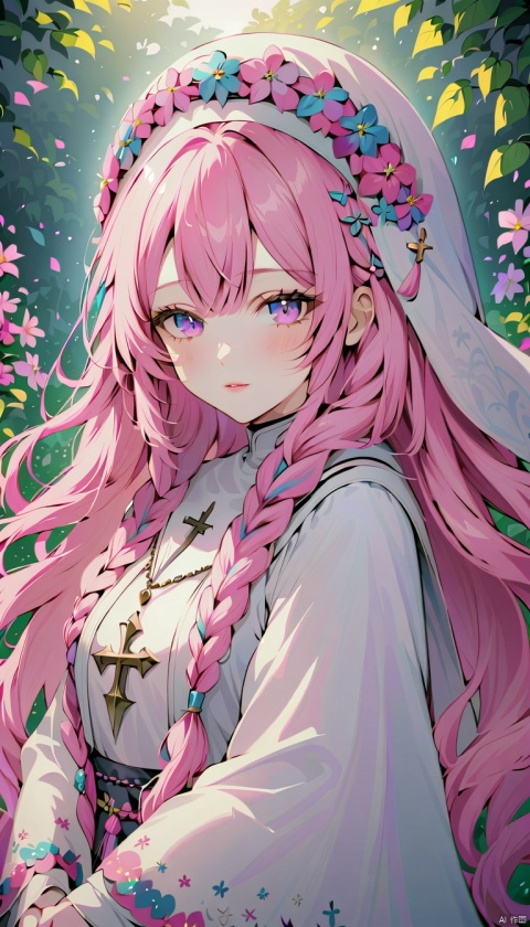 1girl,Beautiful nordic girl, a nun adorned in a colorful and stunning floral-patterned habit,(pink wimple), colorful scapulae,Cross, Very long braided hair,colorful braided hair,radiating vibrancy and life.,Her attire exudes warmth and kindness, spreading serenity like a blooming garden. With elegant grace, ,mizuki shiranui,aesthetic portrait,ktrmkp