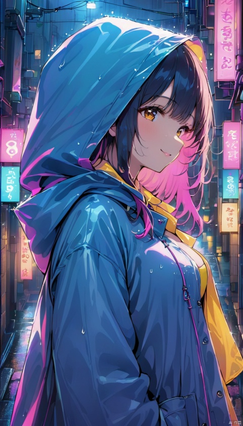 sexy asian girl , cute smile , hooded raincoat ,  aesthetic , side portrait , half body portrait , tokyo street , street lights , neon lights , raining , light signs